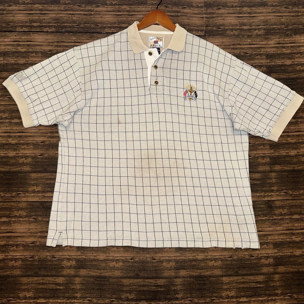 Cutter & Buck Mens 1999 Ryder Cup Polo Shirt Tan Windowpane Check Cotton XL